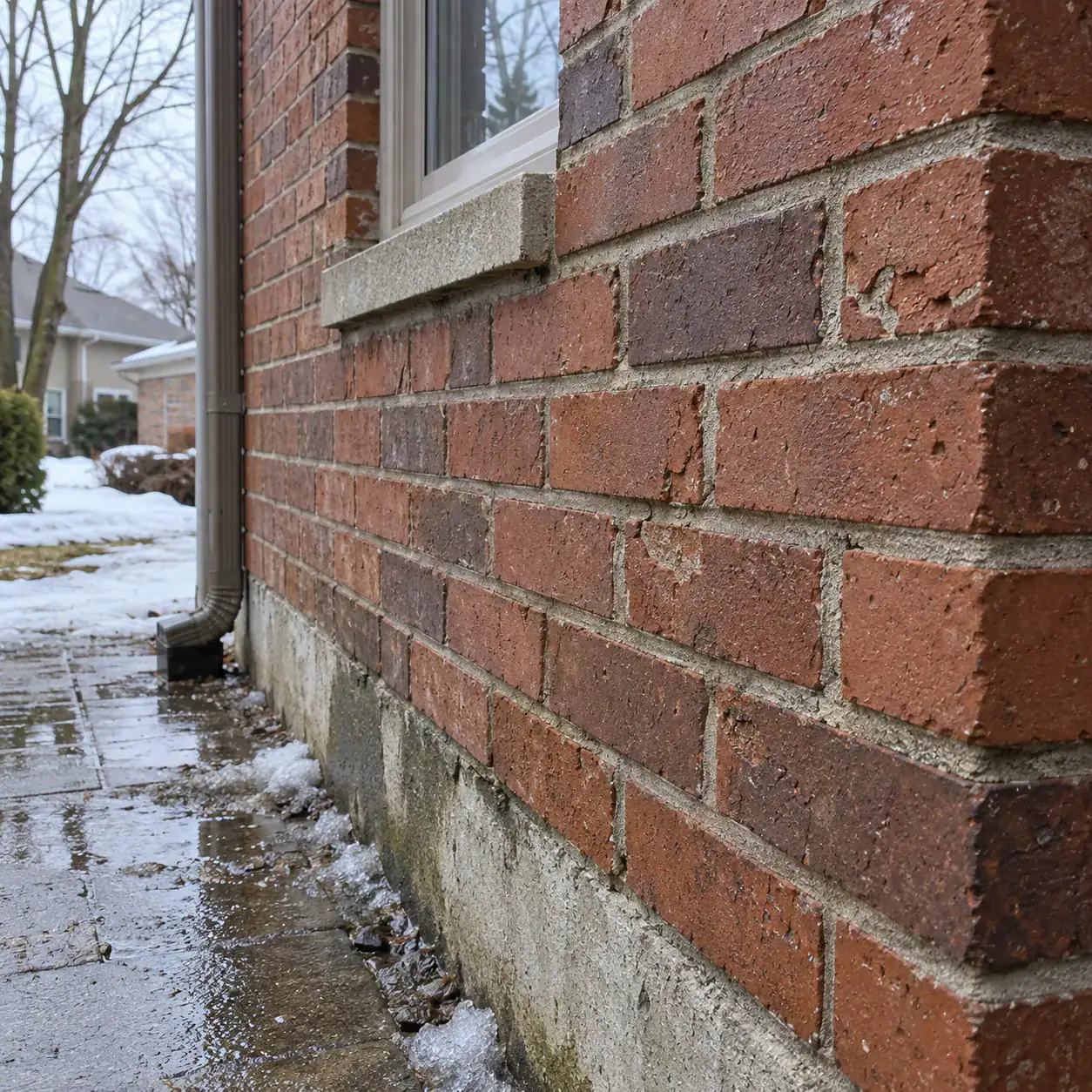 Close-up of brick masonry wall with concrete foundation in Ajax.