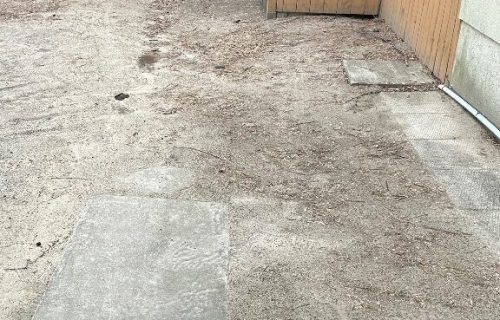 Concrete walkway slabs beside a fenced backyard area and small wooden shed