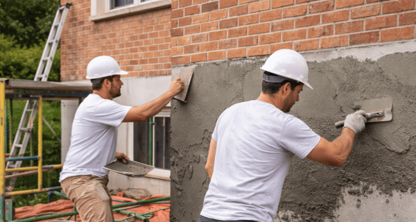 Two workers apply gray stucco to the lower exterior wall beneath a brick facade