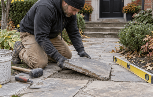 Mason resetting a loose stone in a Toronto residential walkway
