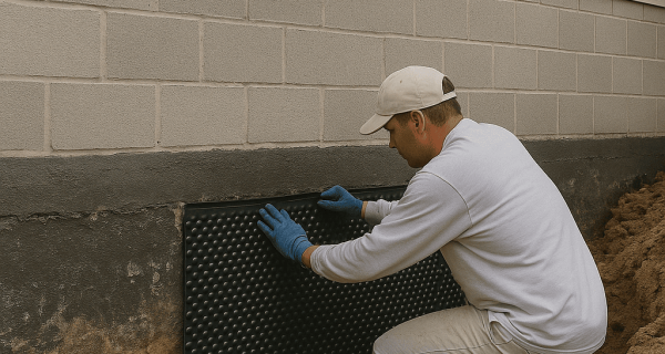 Worker installing a dimpled drainage membrane against an excavated concrete block foundation wall