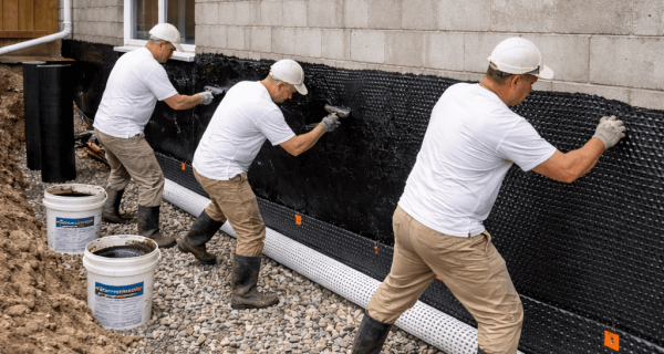 Workers install a black waterproofing membrane and perforated drainage pipe along an exposed concrete block foundation wall