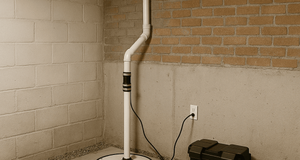 Basement sump pump system with vertical discharge pipe beside concrete block and brick foundation walls