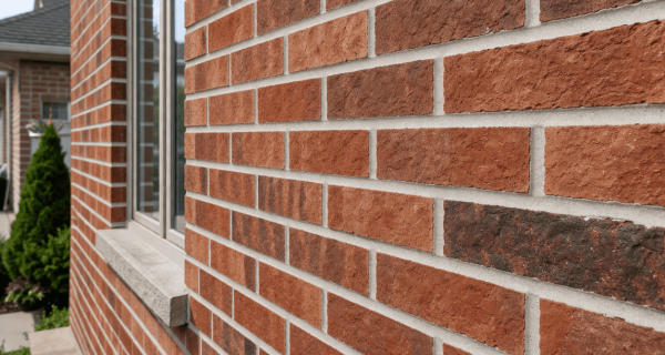 Red brick wall with light mortar joints beside a residential window