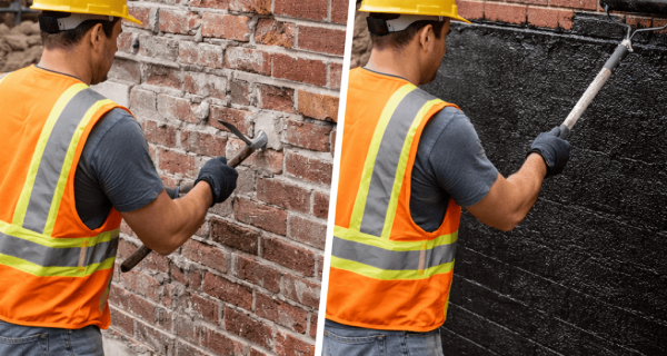 Worker chiseling deteriorated brick joints beside a section receiving black masonry coating
