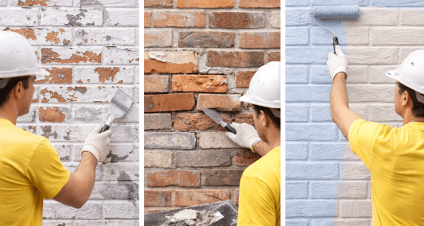 Three-panel masonry wall sequence showing coating removal, mortar repair, and light blue coating application