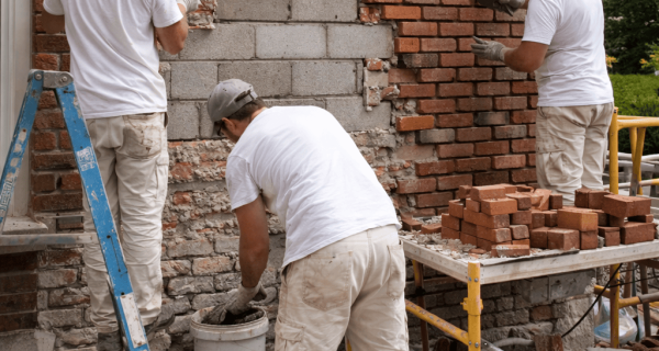 Masonry workers rebuild a section of brick wall around exposed concrete block infill
