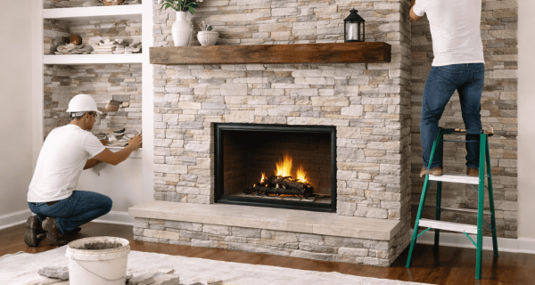 Workers install light-colored stone veneer around an indoor fireplace with a wood mantel and hearth