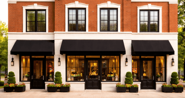 Charming red brick storefronts with greenery