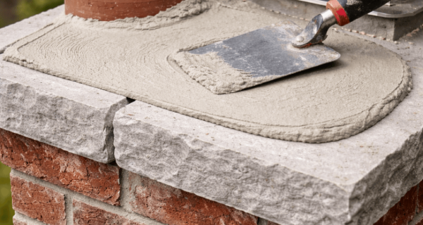 Fresh mortar being spread across a brick chimney top around the flue and metal chimney cap