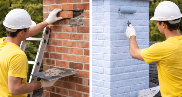 Split view of a brick chimney being repaired and painted light blue by a worker