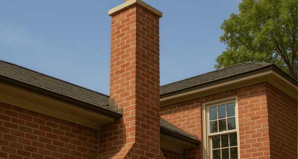Red brick chimney with contrasting mortar joints, stone cap, and metal flue on a residential roofline