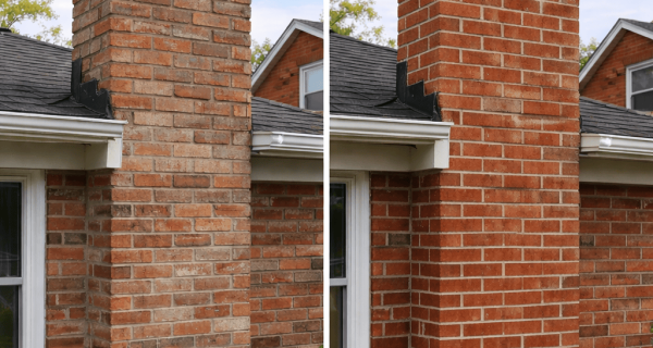Before-and-after comparison of a brick chimney showing weathered mortar joints and restored, even repointing