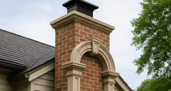 Brick chimney with a decorative masonry arch, pilasters, layered cap, and black chimney cover