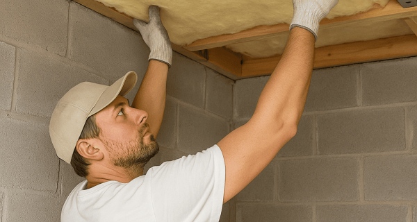 Worker fitting batt insulation between basement ceiling joists above concrete block walls