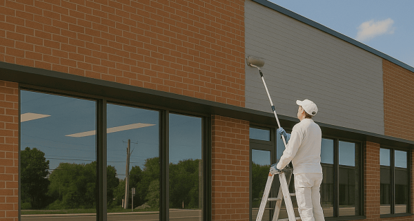 Worker applying exterior coating to an upper panel on a commercial brick building