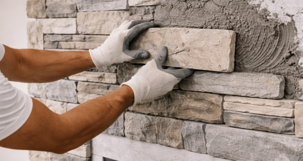 Gloved mason positioning a stone veneer piece on a fireplace surround