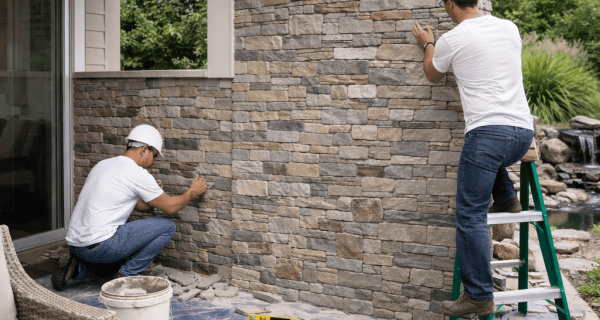 Workers installing stone veneer on an exterior wall beside a covered patio