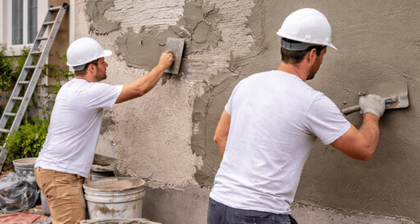 Workers applying fresh stucco to a prepared section of an exterior wall