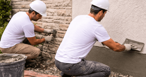 Two workers apply masonry material to an exterior stucco wall beside a stone veneer facade