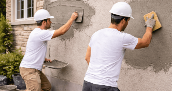 Two workers apply and smooth fresh stucco on an exterior wall beside a window