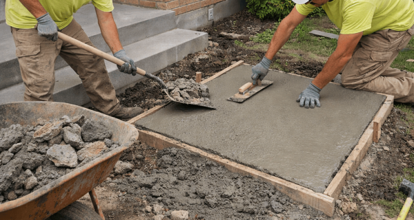 Workers pour and smooth fresh concrete within forms beside existing concrete steps