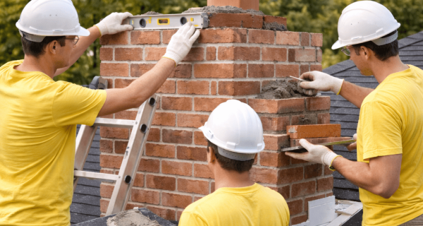 Masons rebuild a brick chimney while checking the top course with a level