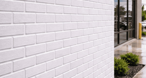 White-painted brick exterior beside a commercial entrance and landscaped walkway