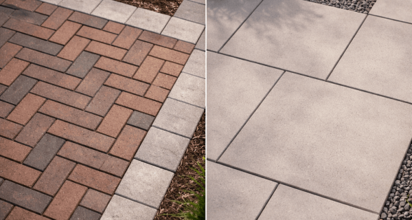 Split comparison of red brick pavers and large concrete patio slabs beside landscaped planting beds
