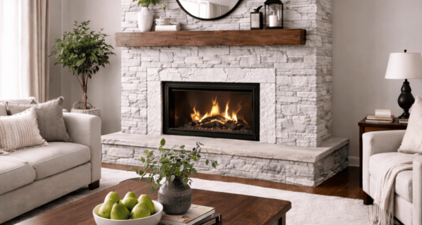 White stone veneer fireplace surround with wood mantel in a furnished living room