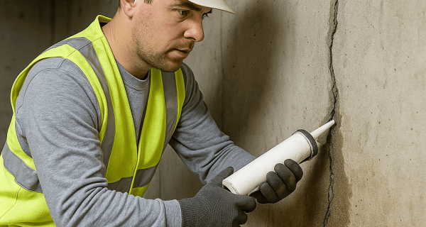 Worker applying sealant along a vertical crack in a concrete basement wall