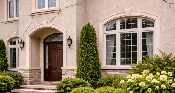 Long cracks run across the stucco facade of a two-storey home around arched windows and the entrance
