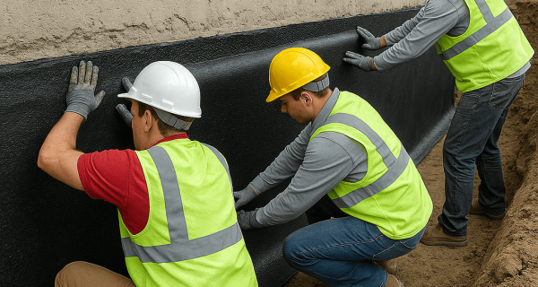 Workers install a black waterproofing membrane along an excavated foundation wall beneath brickwork