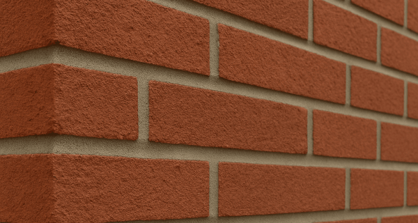 Close-up of red brick wall with evenly spaced light gray mortar joints