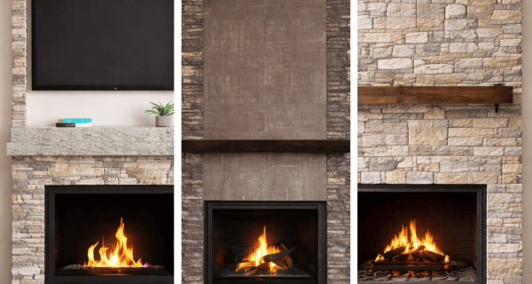 Triptych showing three interior fireplaces with light stone veneer, dark stone, and wood mantel surrounds