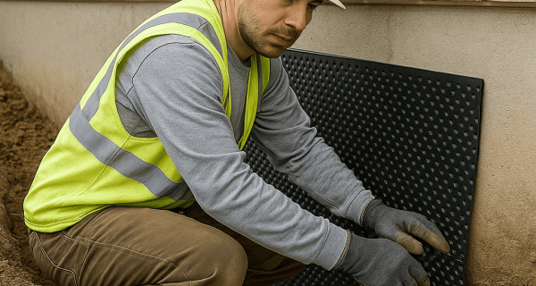 Worker installing a dimpled drainage membrane and perforated drain pipe beside an exposed foundation wall