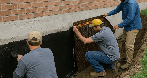 Crew installing a dimpled waterproofing membrane over a coated exterior foundation wall