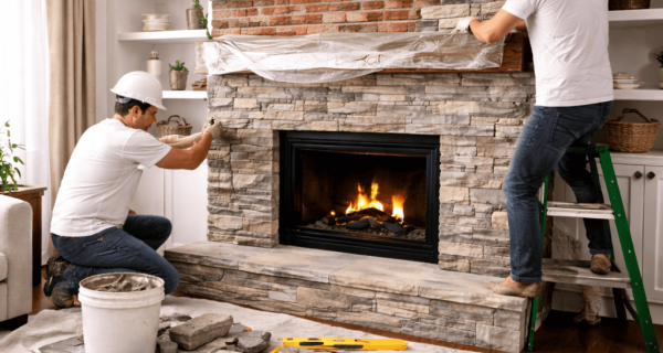 Workers install stacked stone veneer around an indoor fireplace and mantel