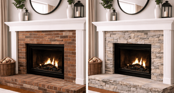 Side-by-side fireplace showing red brick surround changed to light stone veneer