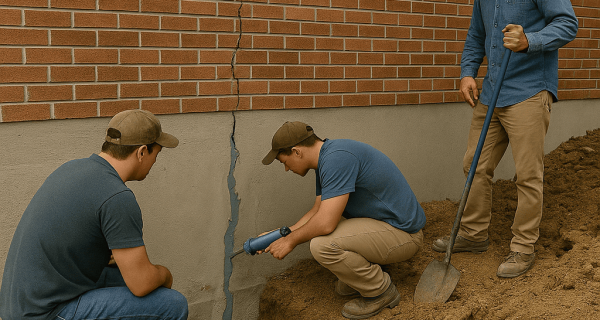 Workers repair a vertical foundation crack beside a brick wall in an excavated work area