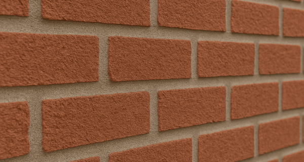 Close-up of red brick veneer with evenly filled gray mortar joints