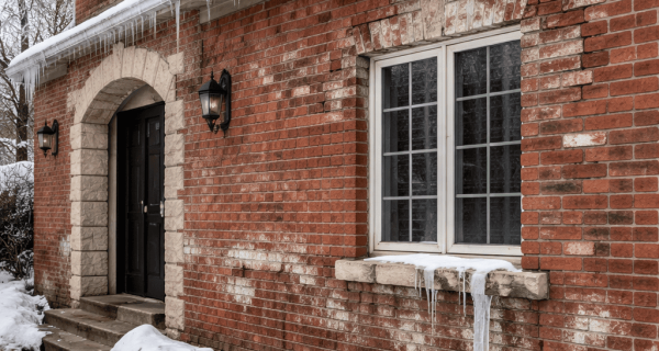 Snow-covered red brick facade with icicles, white surface deposits, stone doorway arch, and window sill