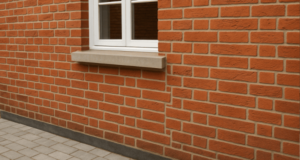 Red brick wall with a white-framed window, concrete sill, paved walkway, and linear drainage grate