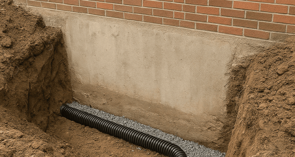 Exposed brick foundation wall with perforated drainage pipe set in clear gravel