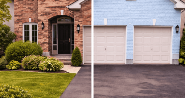 Split view showing a brick house before and after its exterior brick was painted light blue