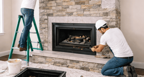 Workers installing stacked stone veneer around an indoor fireplace surround