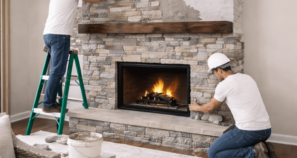 Workers install stacked stone veneer around an interior fireplace and wooden mantel