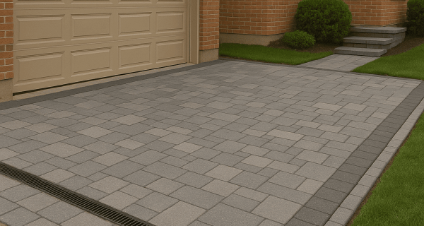 Gray interlocking stone driveway with a linear drainage grate beside a brick home