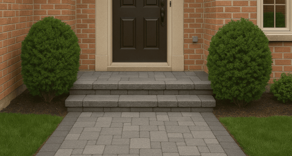 Gray interlocking stone walkway leading to brick home entrance with two steps