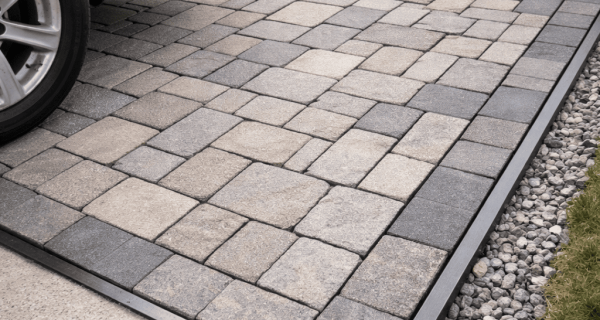 Gray interlocking stone driveway with contrasting metal edging beside a gravel strip